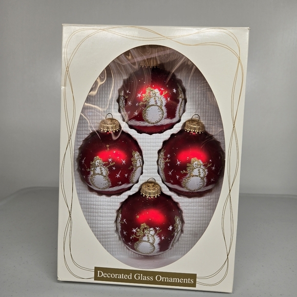 Vintage Set of 4 Christmas by Krebs Red and Gold Snow Man Glitter Glass Ornament - Picture 1 of 10